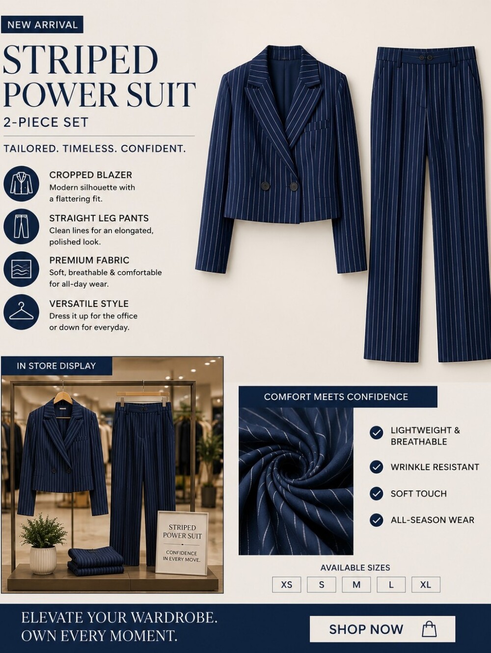 Striped Power Suit Pantsuit - Navy Pinstripe